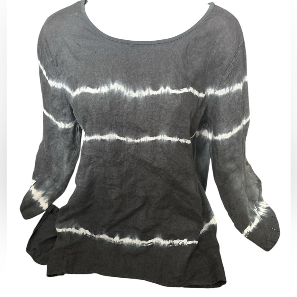 Bella Anore gray Linen Tie Dye button detail sleeves blouse Sz M